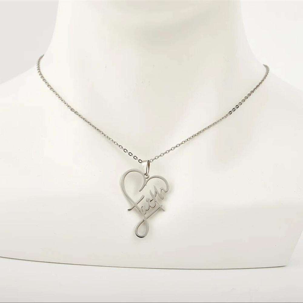 New Silver Stainless Steel Christian Faith Cursive Heart Minimalist Necklace - Picture 4 of 15